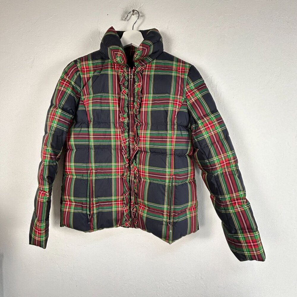 Talbots Womens Plaid Tartan Ruffle Accent Puffer Jacket Small Navy/Green Pockets